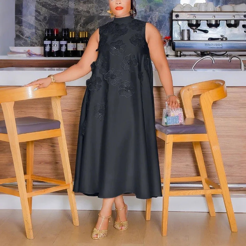 Elegant Dresses for Woman 2025 New O Neck Sleeveless Floral Decorate Straight Ankle Length Fashion Ladies Birthday Party Dress