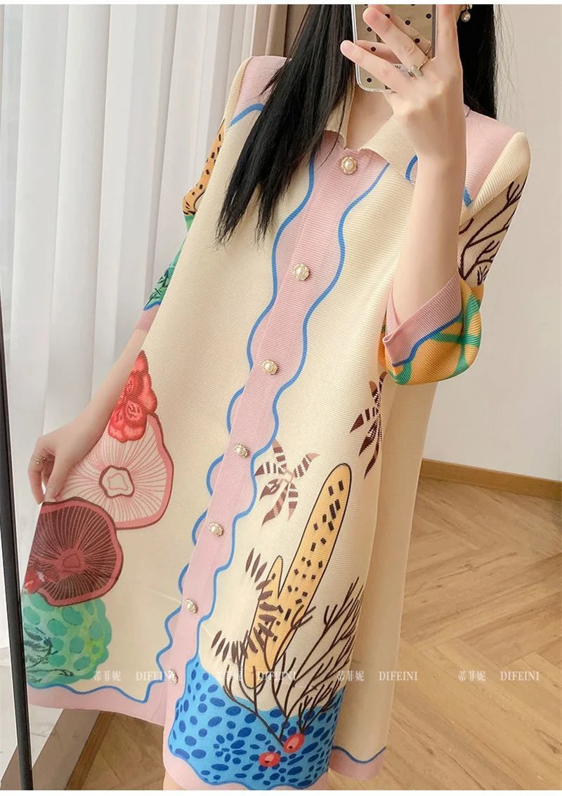 Womens Dresses Evening Dresses Beautiful Lssey Miyake Pleated Dress Summer new Fashion Lapel Loose Slim Long Print Fat mm Skirt