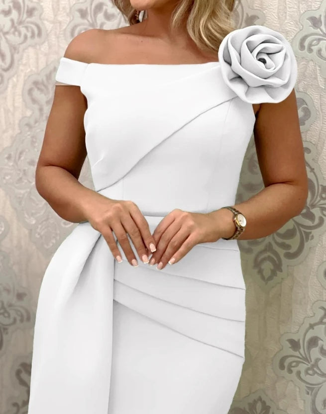 Women's Dress 2025 Fashion Spring Summer Rose Detail Asymmetrical Hem Party Dress Simple Commuting Casual Retro Elegant Dress