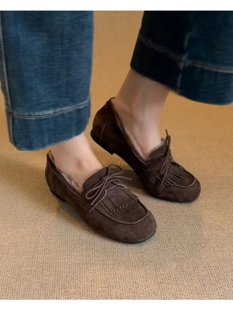 Boots for Women 2025 Hot Sale Warm Women's Flats Daily Casual Flats Women Bow Tie Fringe Round Toe Soft Bottom Boots Ladies