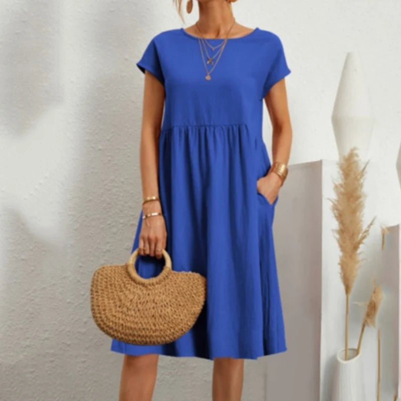 Women's Dresses 2025 Summer Fashion Casual Dresses Women Loose Mid Length Over Knee Dress New Short Sleeve Solid Dress Woman