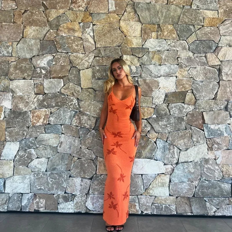 Elegant Sleeveless Long Dress Sexy V Neck Backless Maxi Dresses Women's High Waist Slim Summer Vestidos Lady Printing Robes