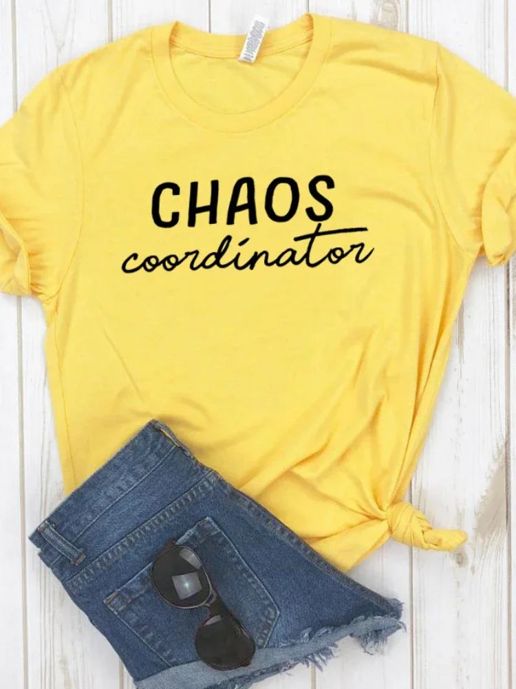 Women T Shirt Chaos Coordinator Letters Print Tshirt Women Short Sleeve O Neck Loose T-shirt Ladies Causal Tee Shirt Tops