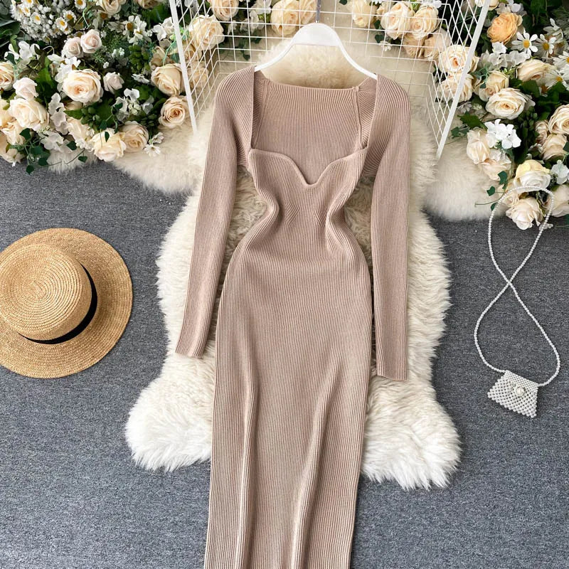 Dresses For Women 2026 Sexy Strapless Ribbed Knitted Bodycon Dress Women Winter Long Sleeve Midi Sweater Dress Clothes