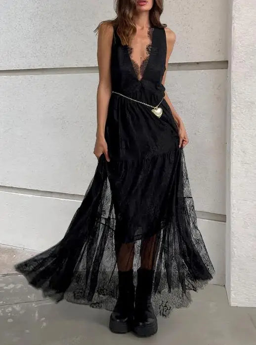 Female Dresses 2025 Sexy Black Brocade Lace Temperament Dress Versatile and Sexy V-Neck Wide Truffle Back Women's Long Dress