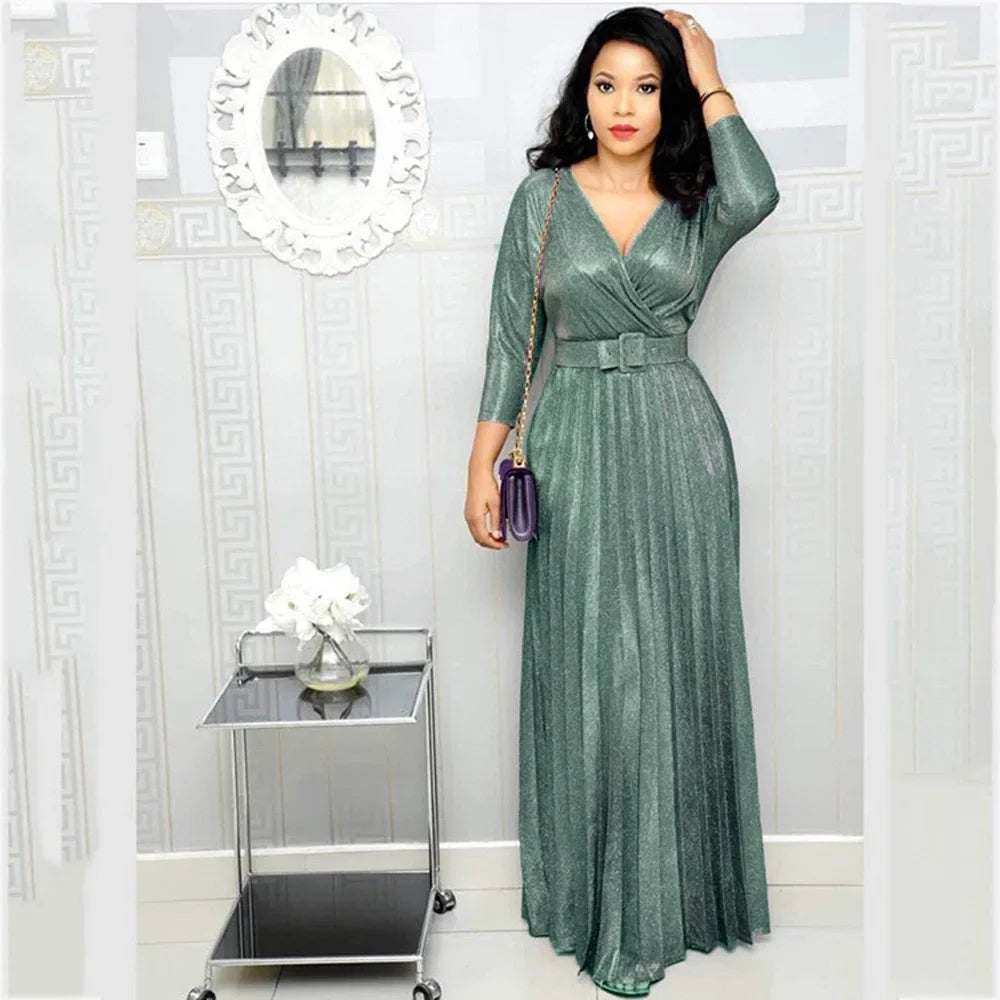 Dresses For Women Elegant Party Low Cut Sequined Gown Dress With Belt Nine Point Sleeve Ruffle Hem Flowy Long Dress Plus Size