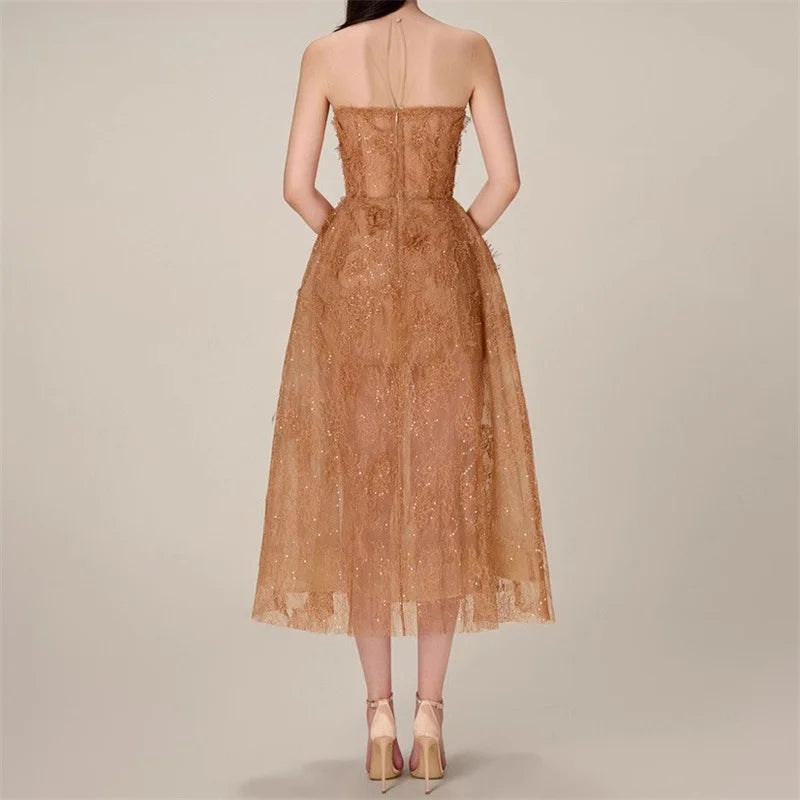 Womens dresses New lace flower sleeveless long dresses for summer 2025 Sexy backless  party dresses transparent Evening dresses