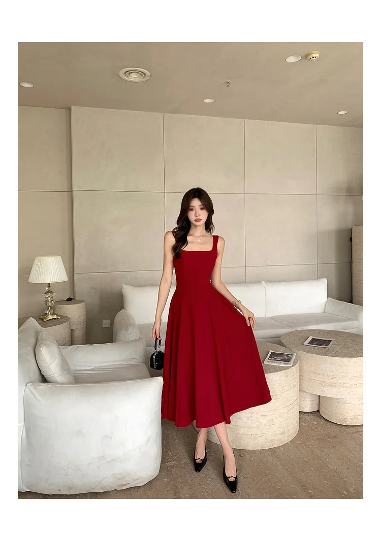 Women's Elegant Red Evening Dresses Sleeveless Wedding Guest Dress Spaghetti Strap A-Line White Party Female Prom gown Vestidos
