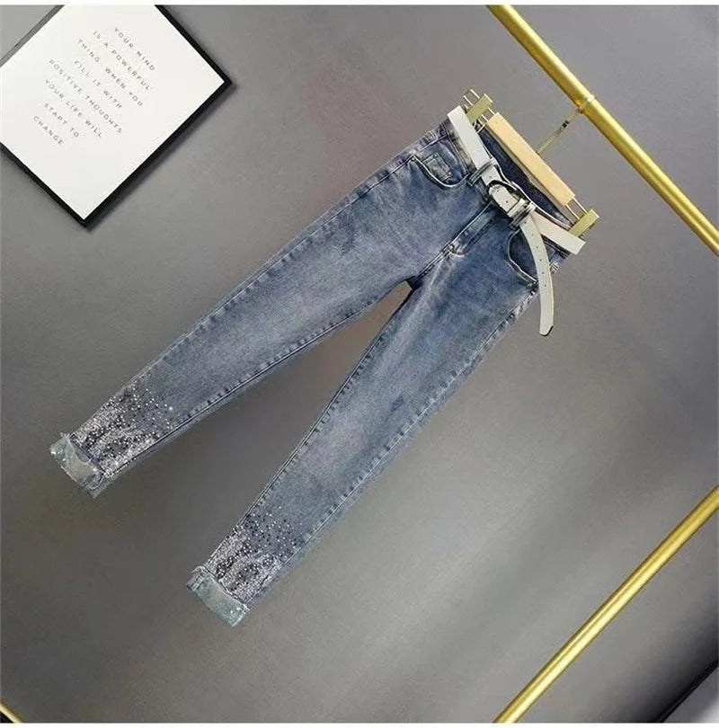 2025 Ladies Jeans Heavy Industry Rhinestone Skinny Jeans Women Spring Summer High Waist Denim Pants Korean Street Stretch Pants