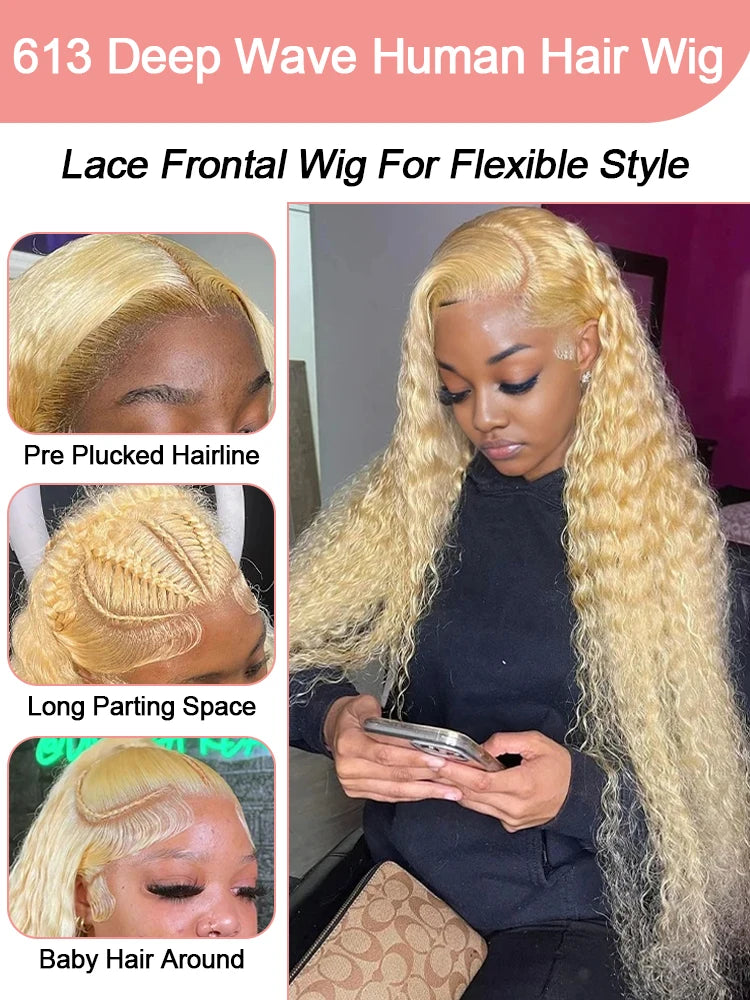 613 Blonde HD Lace Frontal Wig 13x4 13×6 Deep Wave Lace Front Human Hair Wig Colored Curly Wigs Water Wave Wigs For Women 