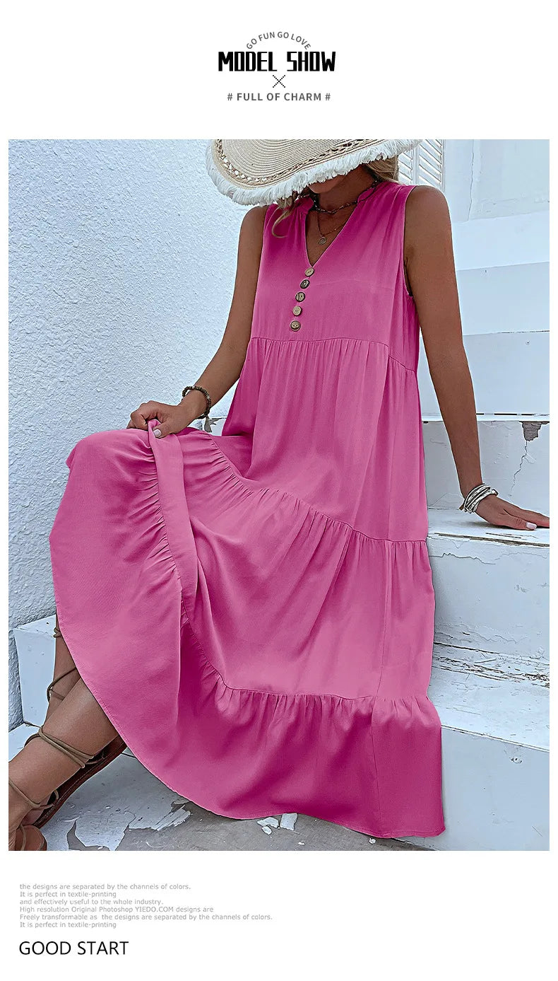 Dresses for Women 2025 Summer V-neck Single-breasted Vest Dress Sleeveless Loose Casual Solid Color Dress Vestidos De Mujer