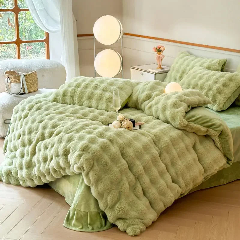 4pcs High End Rabbit Plush Bed Four Piece Set Winter Thick Warm Bubble Velvet Cover Set Lace Bed Sheet Skirt Pillowcases Bedding