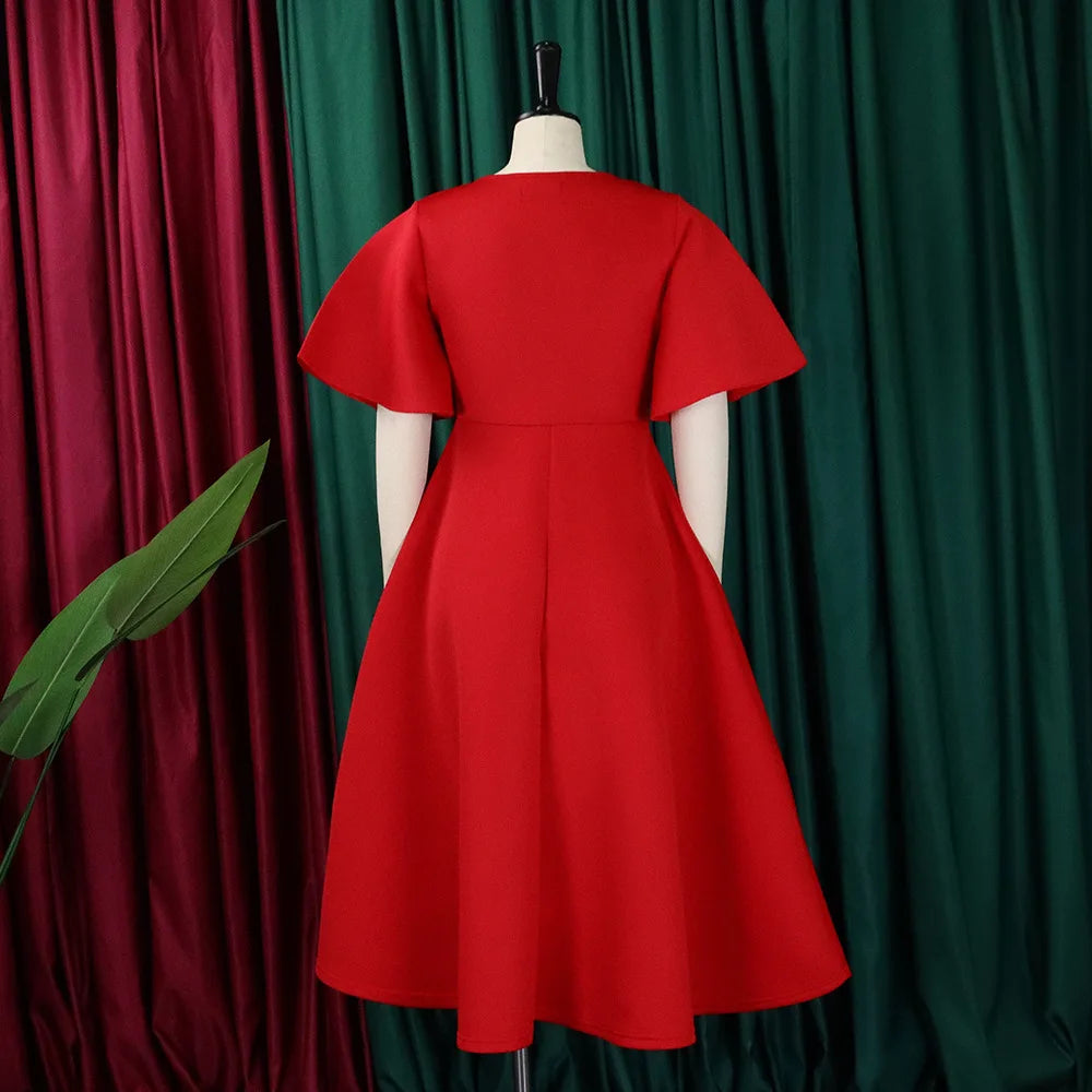 Elegant Party Dresses for Women V Neck Ruffles Sleeve High Waisted Pleated Mid Calf Luxury Birthday Dinner Vestidos Mujer Dress