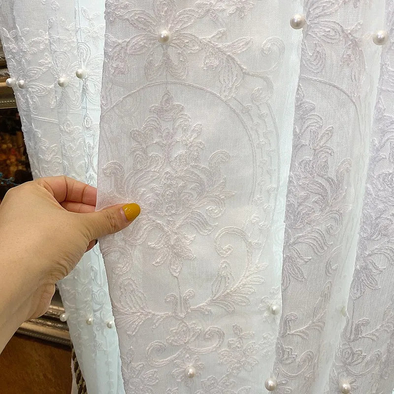 White Elegant Lxury Curtains, Tulle Contain Pearls Embroidery Beads Window Drapes ,Curtain Volie Sheer for Living Room Finished