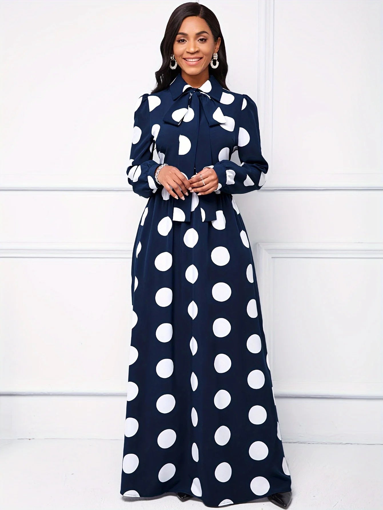 Casual Dresses Elegant Women Long Dress Sleeve Female Robe Bow Knot Polka Dots Girl's Vestidos Lady's Maxi Dresses