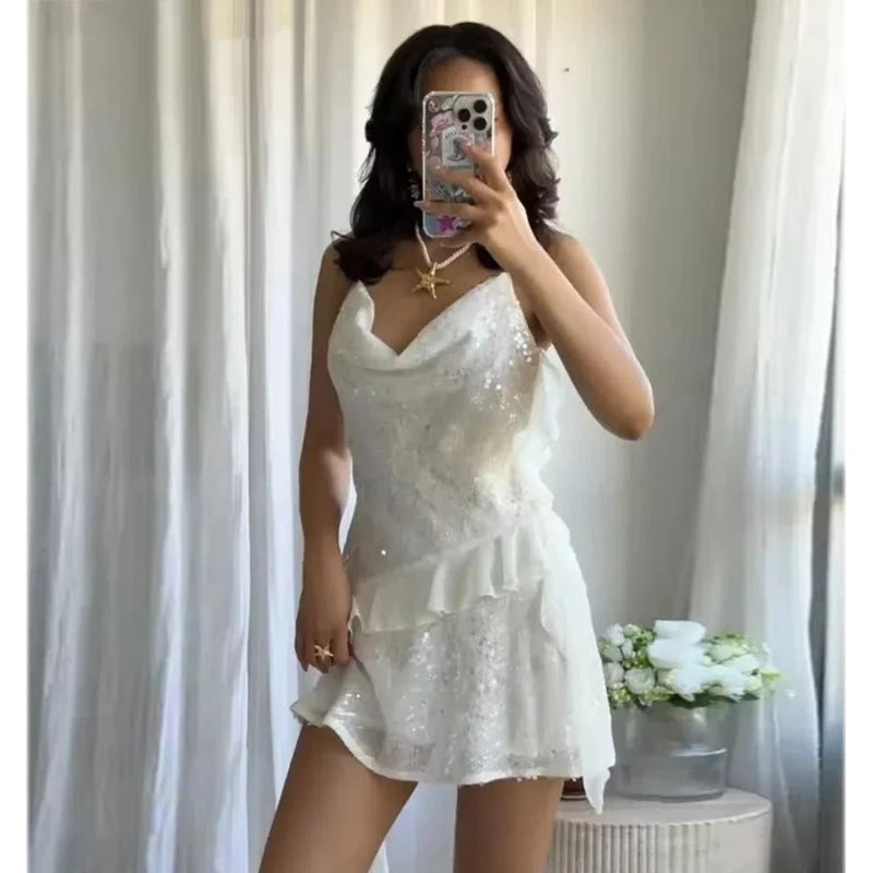 MUJER 2025 Sequin Mini Dress Woman Sexy Slip Party Dresses for Women Summer Backless Women's Dress Straps Beach Short Dresses