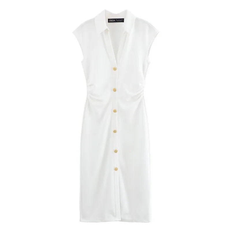 MUJER 2025 Pleated Midi Dresses for Women Sleeveless Shirt Dress Woman White Black Women's Summer Dress Draped Party Dress Women