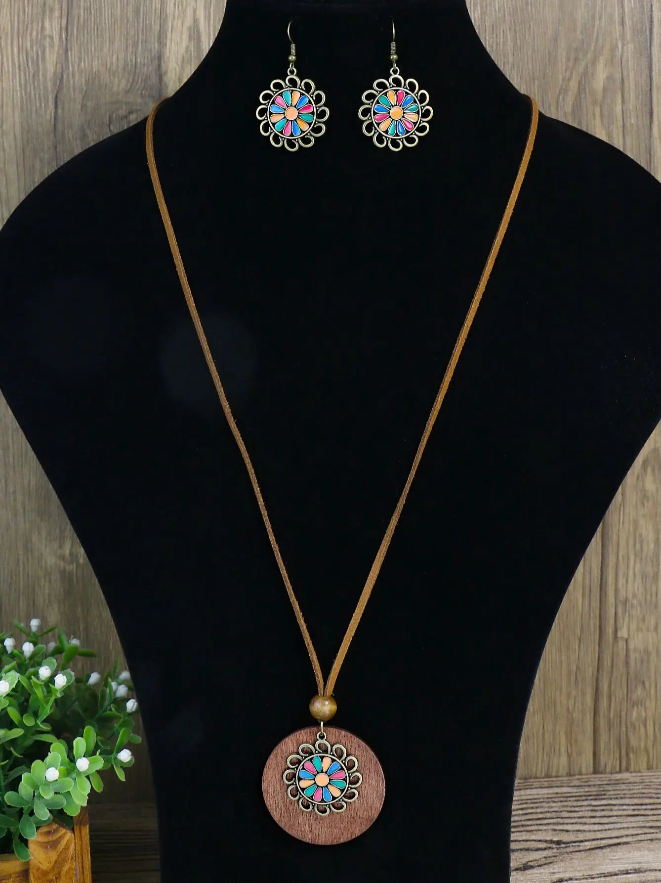 Vintage Accessories Sweater Chain Rice Beads Geometric Pattern Round Wood Piece Long Necklace Earrings Set Necklace