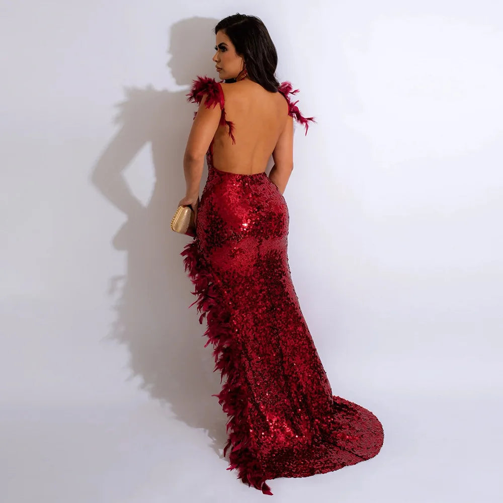 Dress Floor Length Dresses Women Party Gown Sequin Feather Hip Wrap Sexy Slim Fit Vestidos Sleeveless V Neck Backless Evening