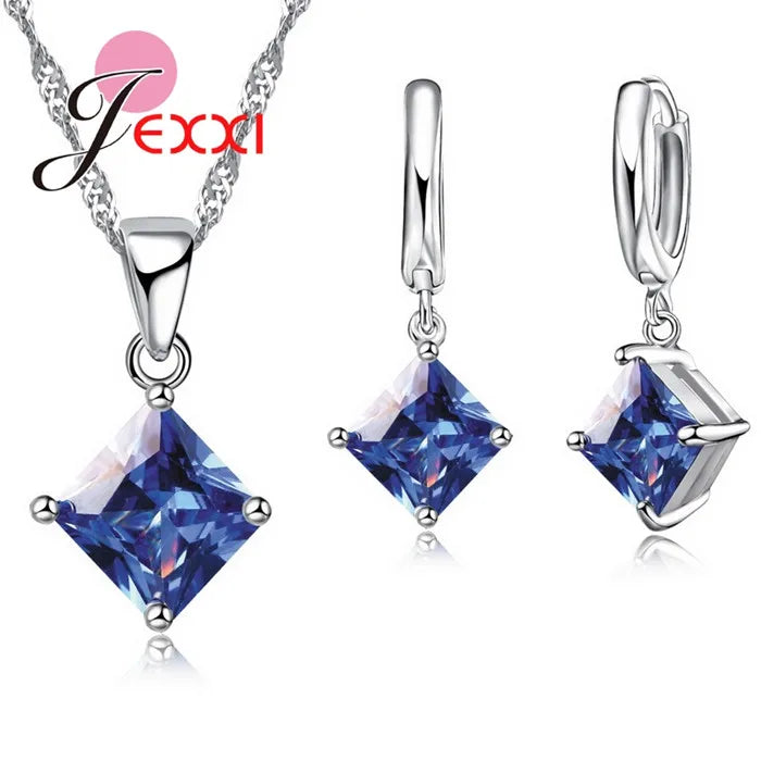 Women Accessories Pendant Necklace Earrings  Jewelry Set Girl Square Shinny CZ Crystal  Pendant 925 Sterling Silver