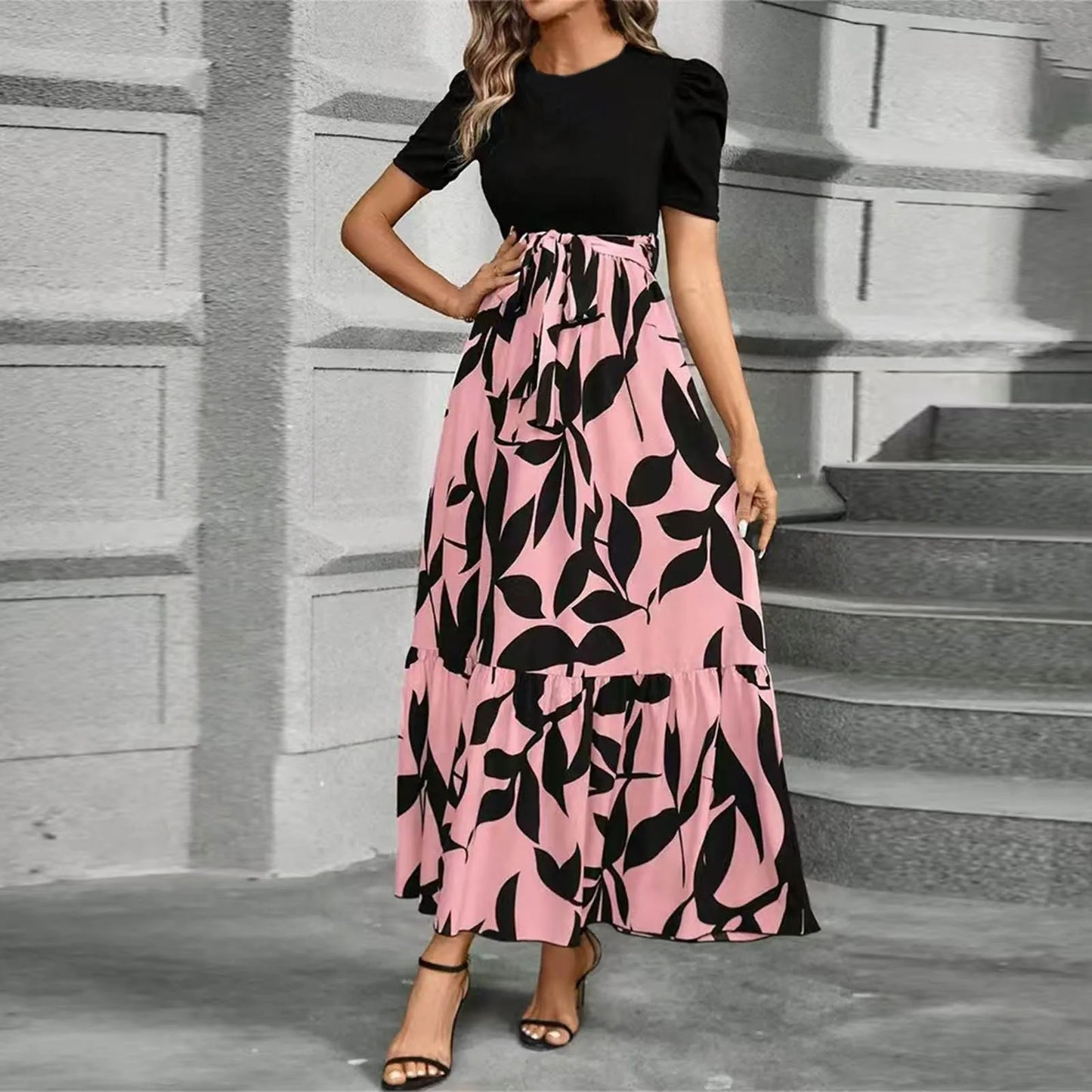 Dresses Elegant Office Lady Outfits A-line Lace-up Slim Fit Waist Ruffle Hem Skirt Women Dress Summer vestidos de mujer casuales