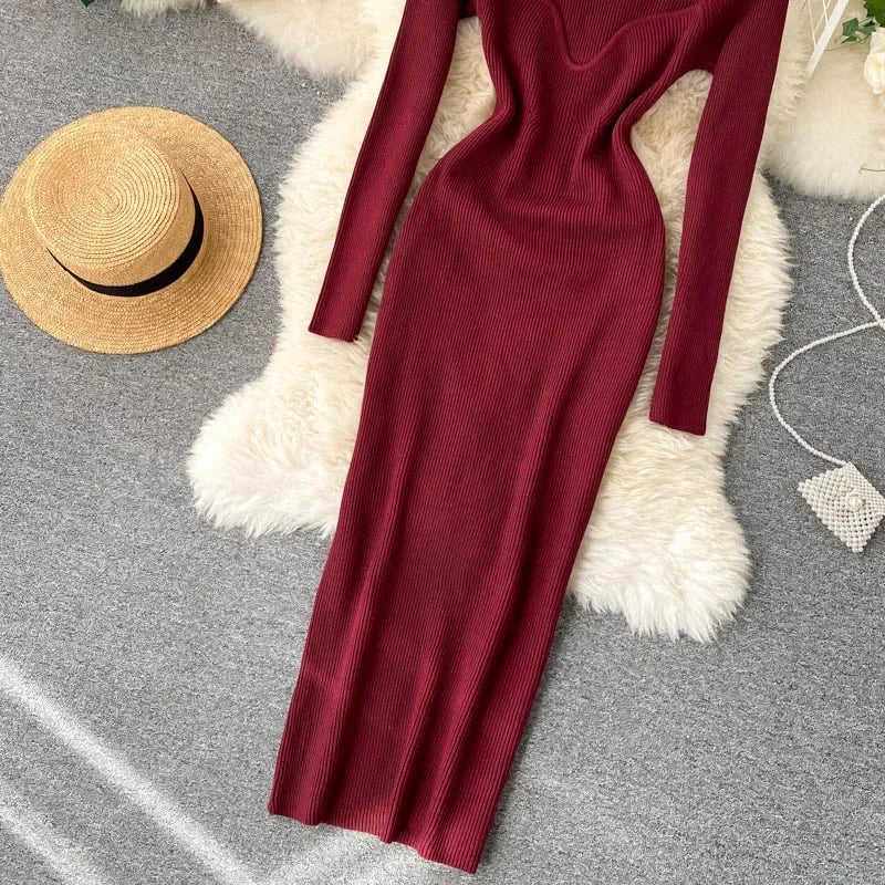 Dresses For Women 2026 Sexy Strapless Ribbed Knitted Bodycon Dress Women Winter Long Sleeve Midi Sweater Dress Clothes