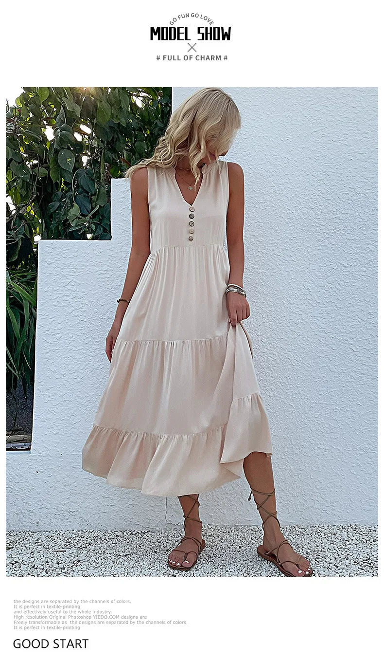 Dresses for Women 2025 Summer V-neck Single-breasted Vest Dress Sleeveless Loose Casual Solid Color Dress Vestidos De Mujer