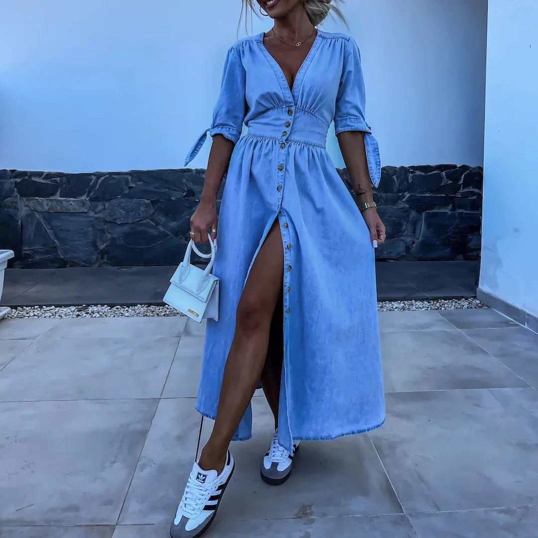 Long Dresses for Women Sexy Denim Dress V Neck Single Breasted Lace Up Distressed Vintage A Line Streetwear Female 2025 Vestidos