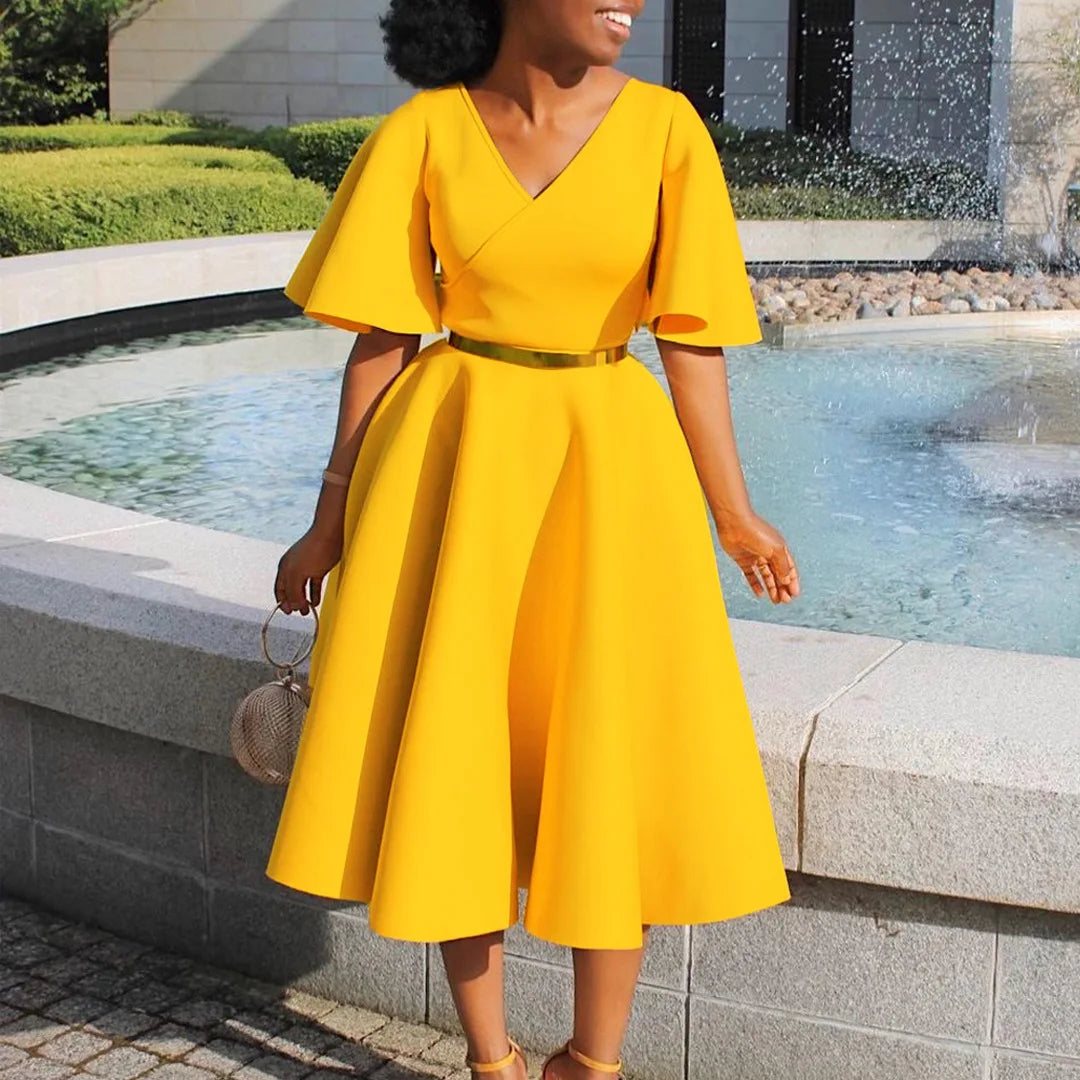 Elegant Party Dresses for Women V Neck Ruffles Sleeve High Waisted Pleated Mid Calf Luxury Birthday Dinner Vestidos Mujer Dress