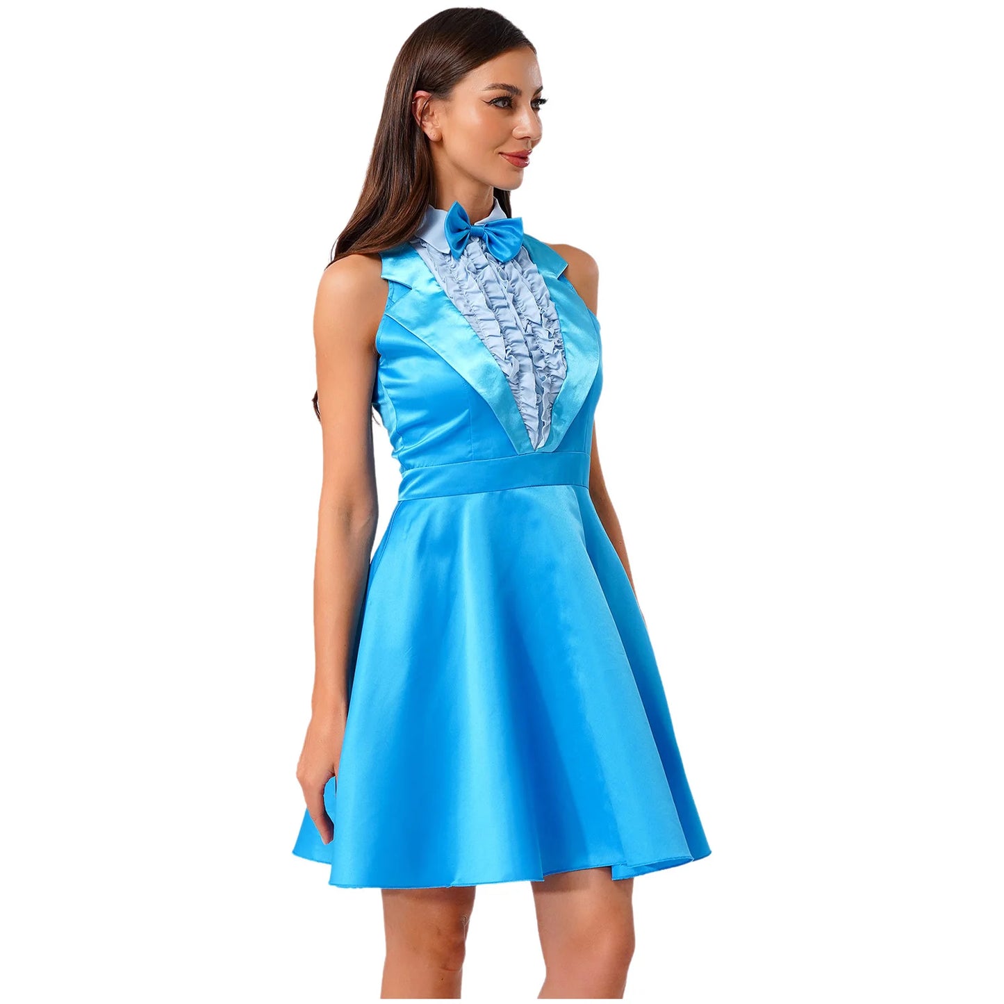 Womens 70s 80s Dumber Maid Dresses Lapel Ruffled Chest A-line Dress And Bowtie Rave Outfits Halloween Waitress Cosplay Costume