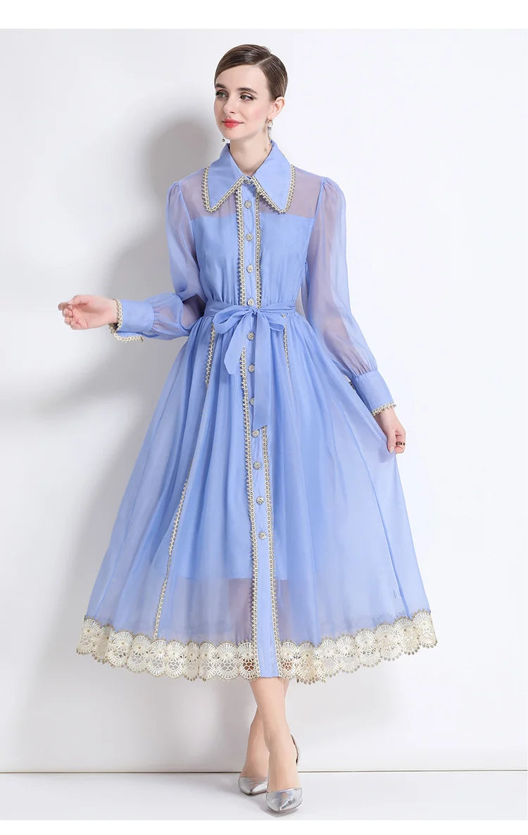 Dresses for Women Fashion Long Sleeve Turn Down Collar Women Dress White Sashes A-LINE Dress Women Vestidos De Verano Mujer Q337