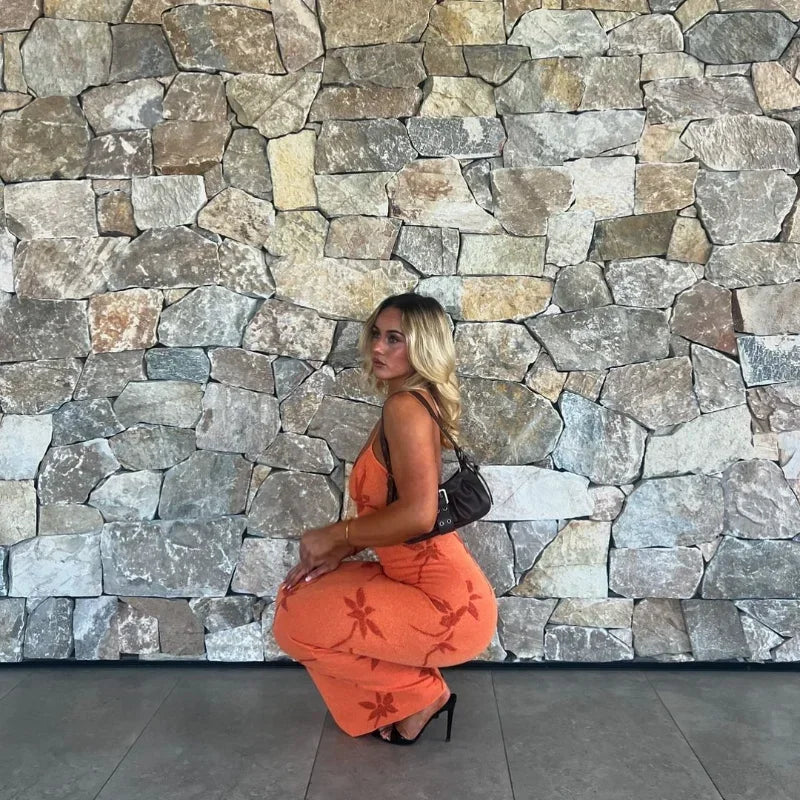 Elegant Sleeveless Long Dress Sexy V Neck Backless Maxi Dresses Women's High Waist Slim Summer Vestidos Lady Printing Robes