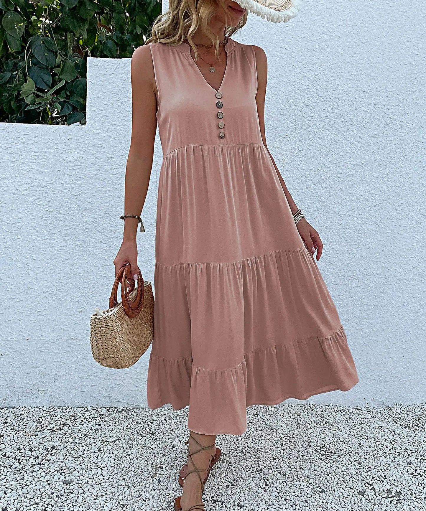 Dresses for Women 2025 Summer V-neck Single-breasted Vest Dress Sleeveless Loose Casual Solid Color Dress Vestidos De Mujer