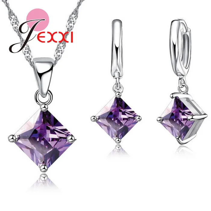 Women Accessories Pendant Necklace Earrings  Jewelry Set Girl Square Shinny CZ Crystal  Pendant 925 Sterling Silver