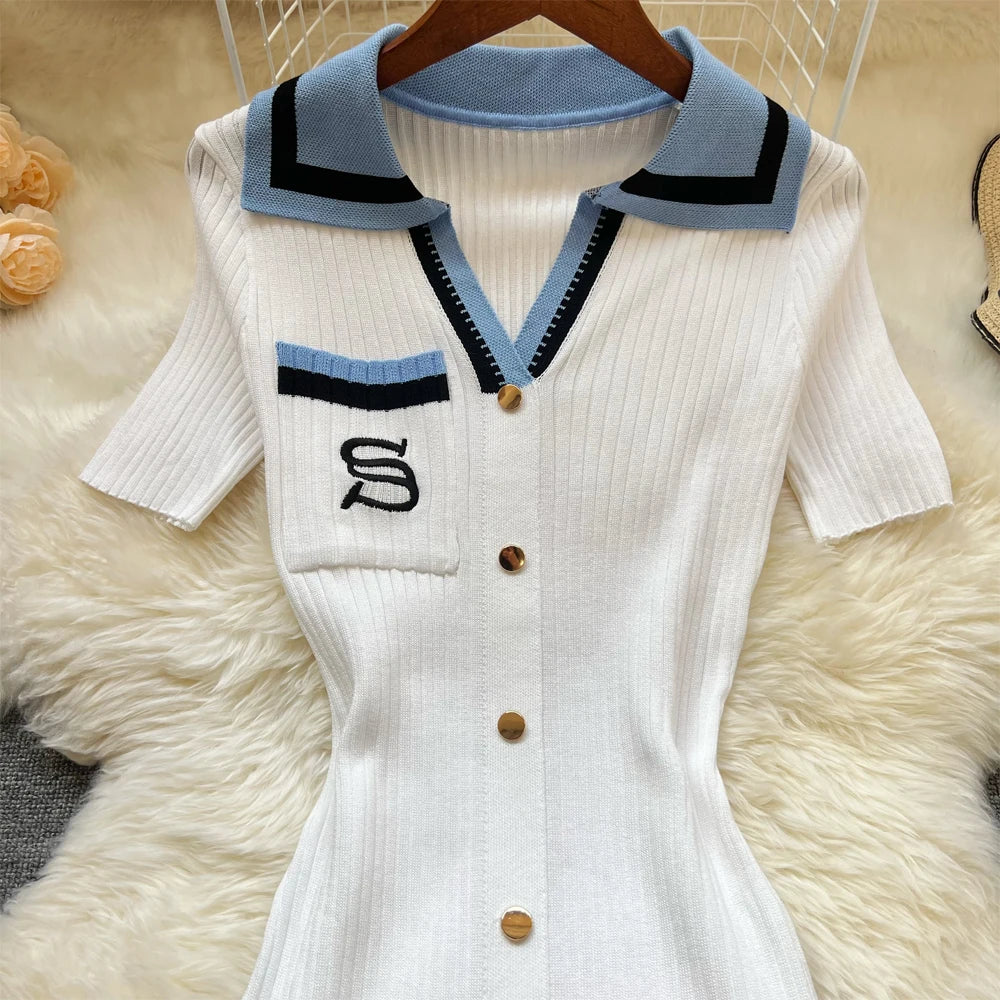 YuooMuoo Chic Fashion Sexy Package Hips Knitted Long Dress Women Brand Fashion Turn-down Collar Embroidery Bodycon Shirt Dress