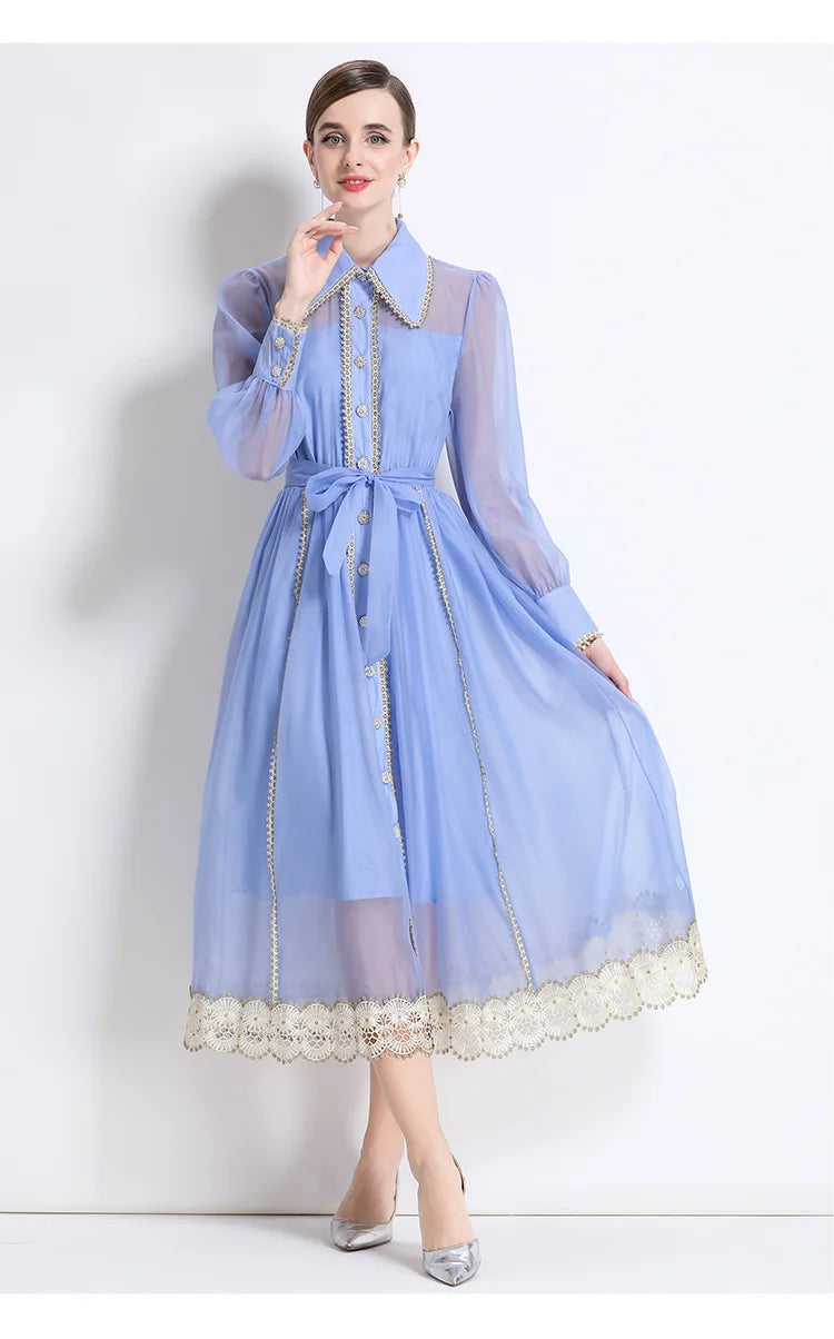 Dresses for Women Fashion Long Sleeve Turn Down Collar Women Dress White Sashes A-LINE Dress Women Vestidos De Verano Mujer Q337