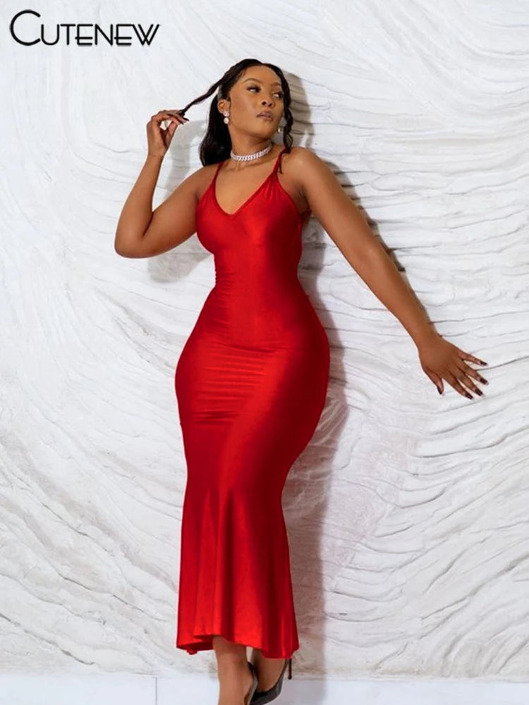 Cutenew Red Shiny Spaghetti Strap Maxi Dress Women Solid Sexy Backless Ruched Cleavage Body-shaping Robe Lady Hipster Streetwear