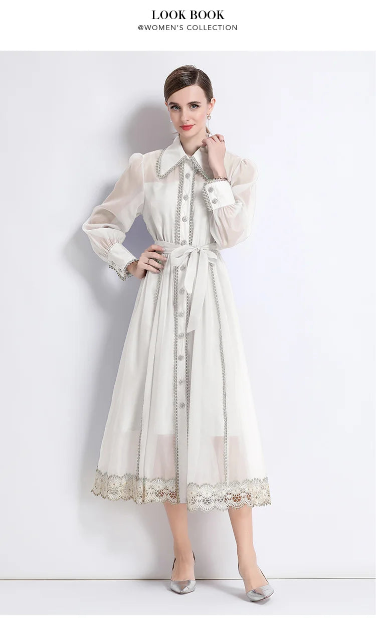 Dresses for Women Fashion Long Sleeve Turn Down Collar Women Dress White Sashes A-LINE Dress Women Vestidos De Verano Mujer Q337