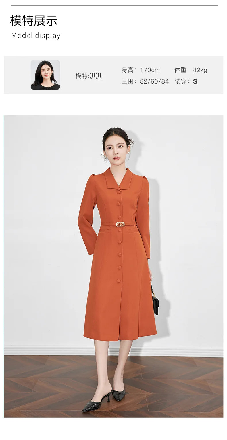 Dresses For Women 2024 Luxury Brand Autumn Long Dress Women's Turn-down Collar Sleeves Single Breasted Sashes Office Lady