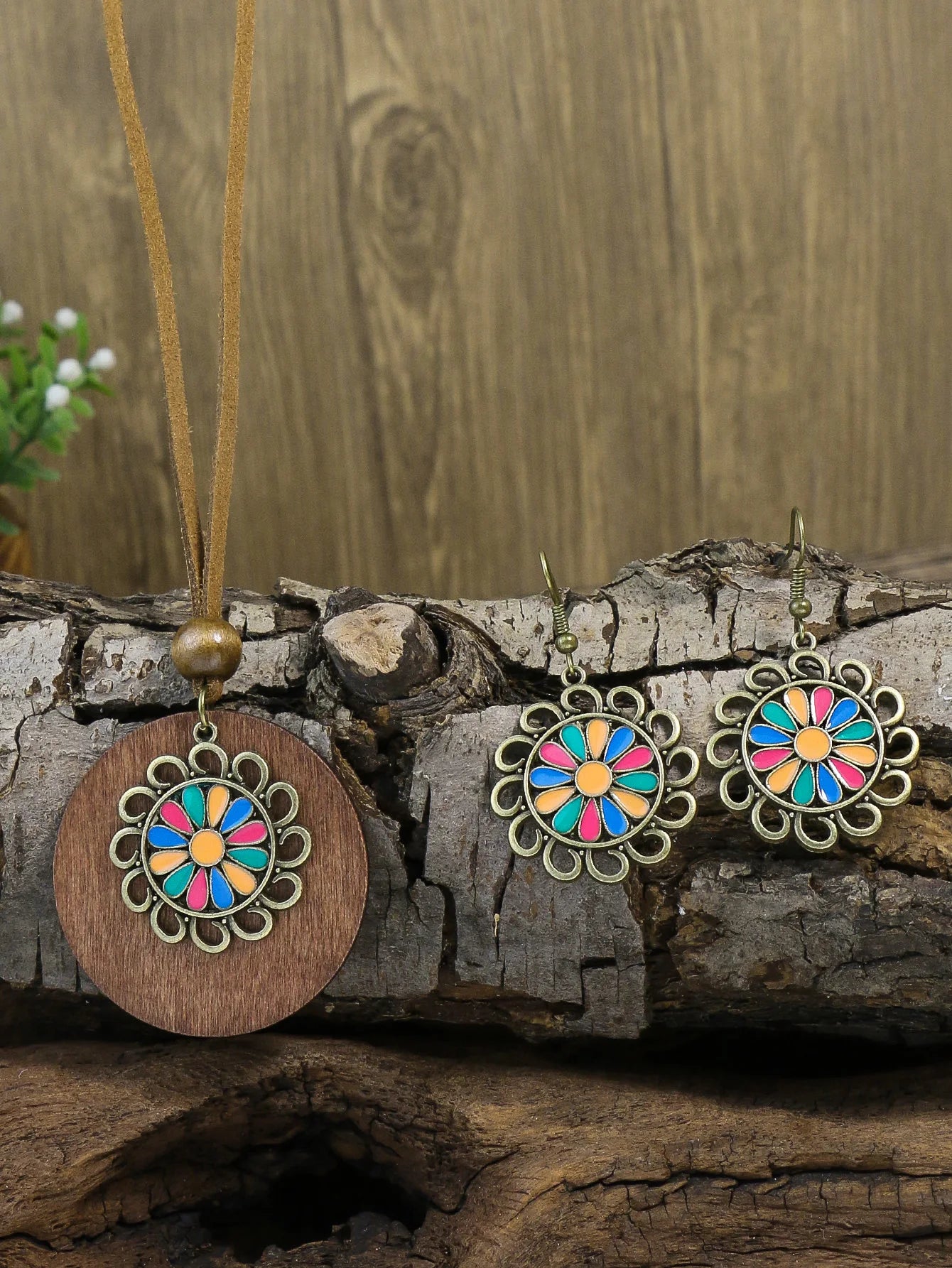 Vintage Accessories Sweater Chain Rice Beads Geometric Pattern Round Wood Piece Long Necklace Earrings Set Necklace