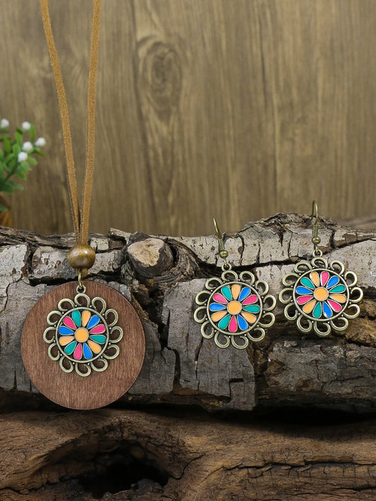 Vintage Accessories Sweater Chain Rice Beads Geometric Pattern Round Wood Piece Long Necklace Earrings Set Necklace