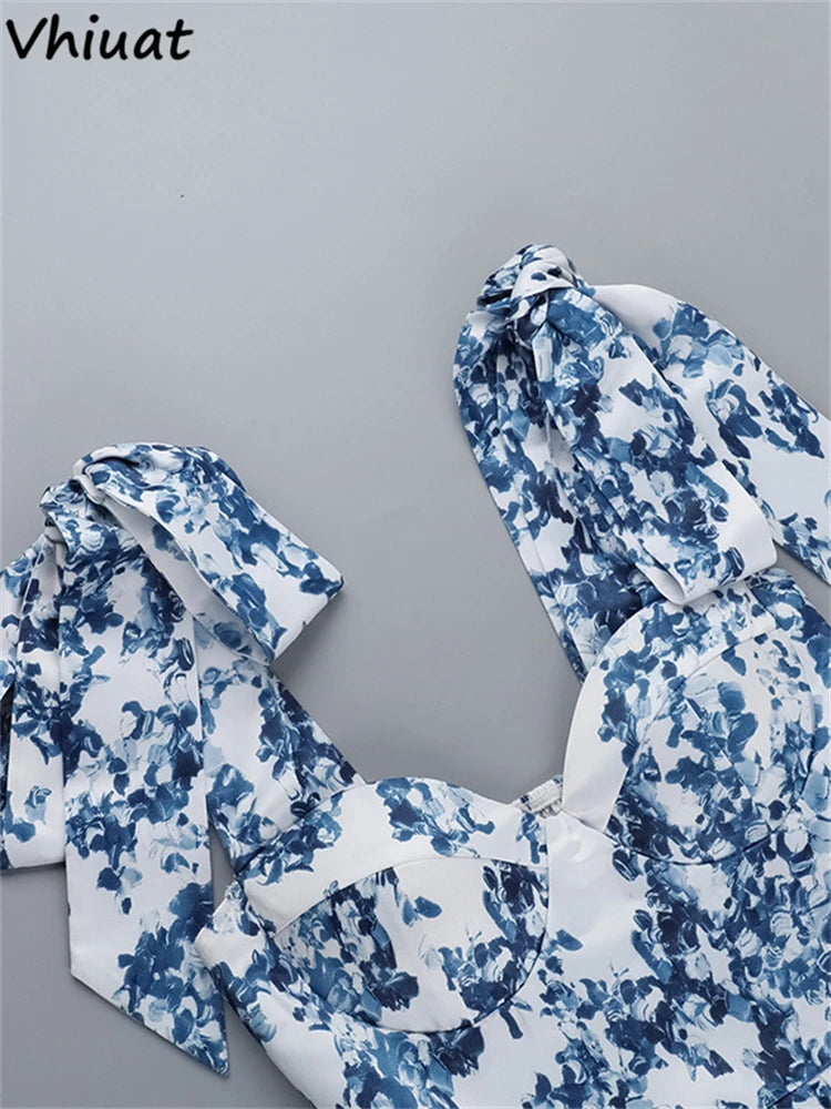 Vhiuat Blue Floral Print Cute Elegant Off Shoulder Mini A-Line Dress Lace Up Fashion Women Party Evening Dresses Summer 2024