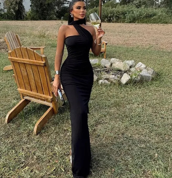 Luxurious Women's Evening Dresses Solid Color Halterneck Dress Backless Streamer Slit Temperament Long Dress for Women