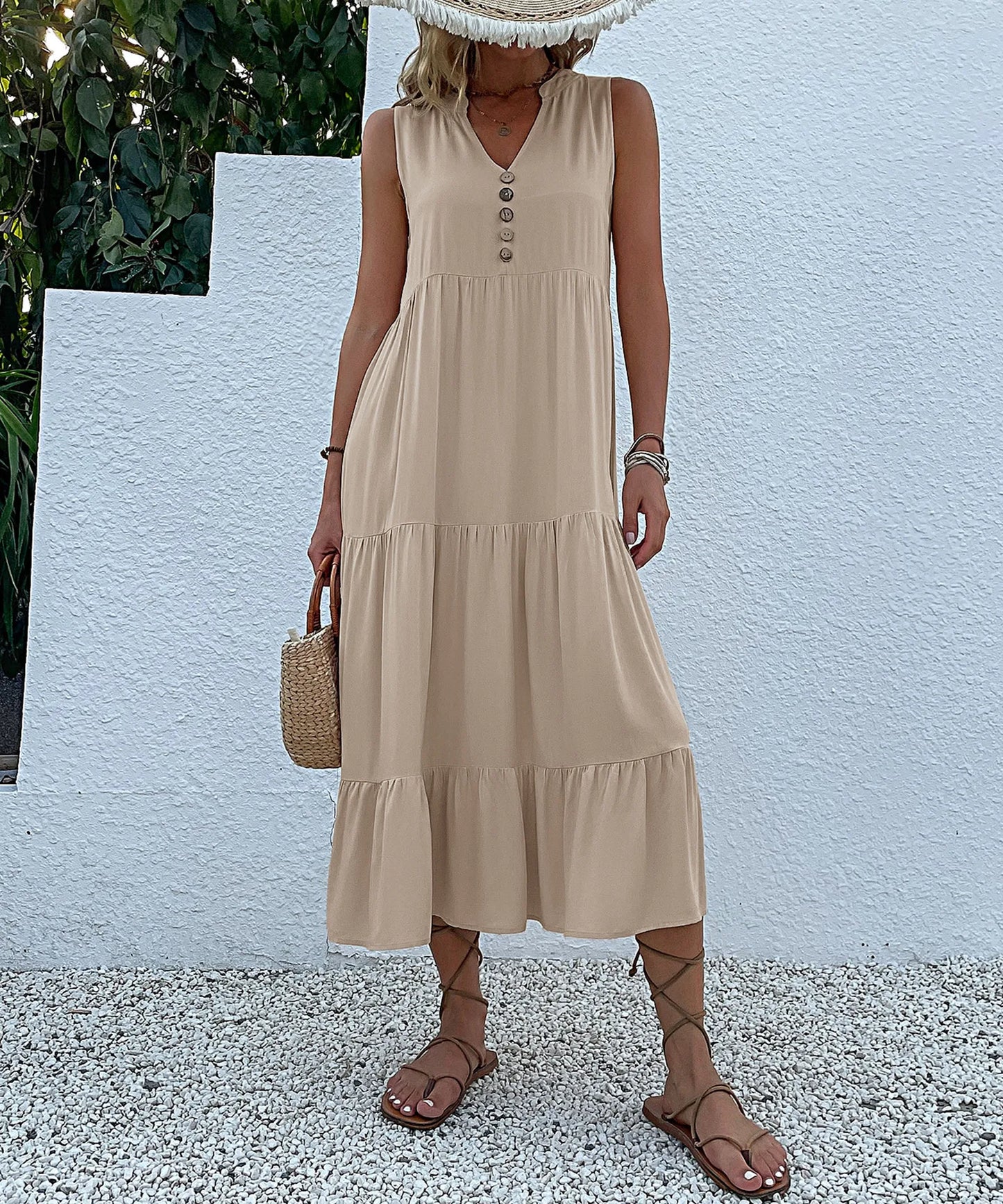 Dresses for Women 2025 Summer V-neck Single-breasted Vest Dress Sleeveless Loose Casual Solid Color Dress Vestidos De Mujer