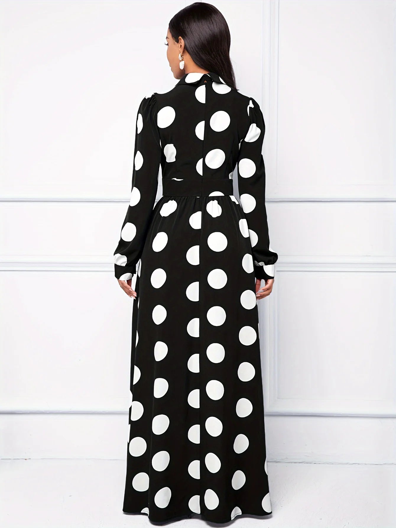 Casual Dresses Elegant Women Long Dress Sleeve Female Robe Bow Knot Polka Dots Girl's Vestidos Lady's Maxi Dresses