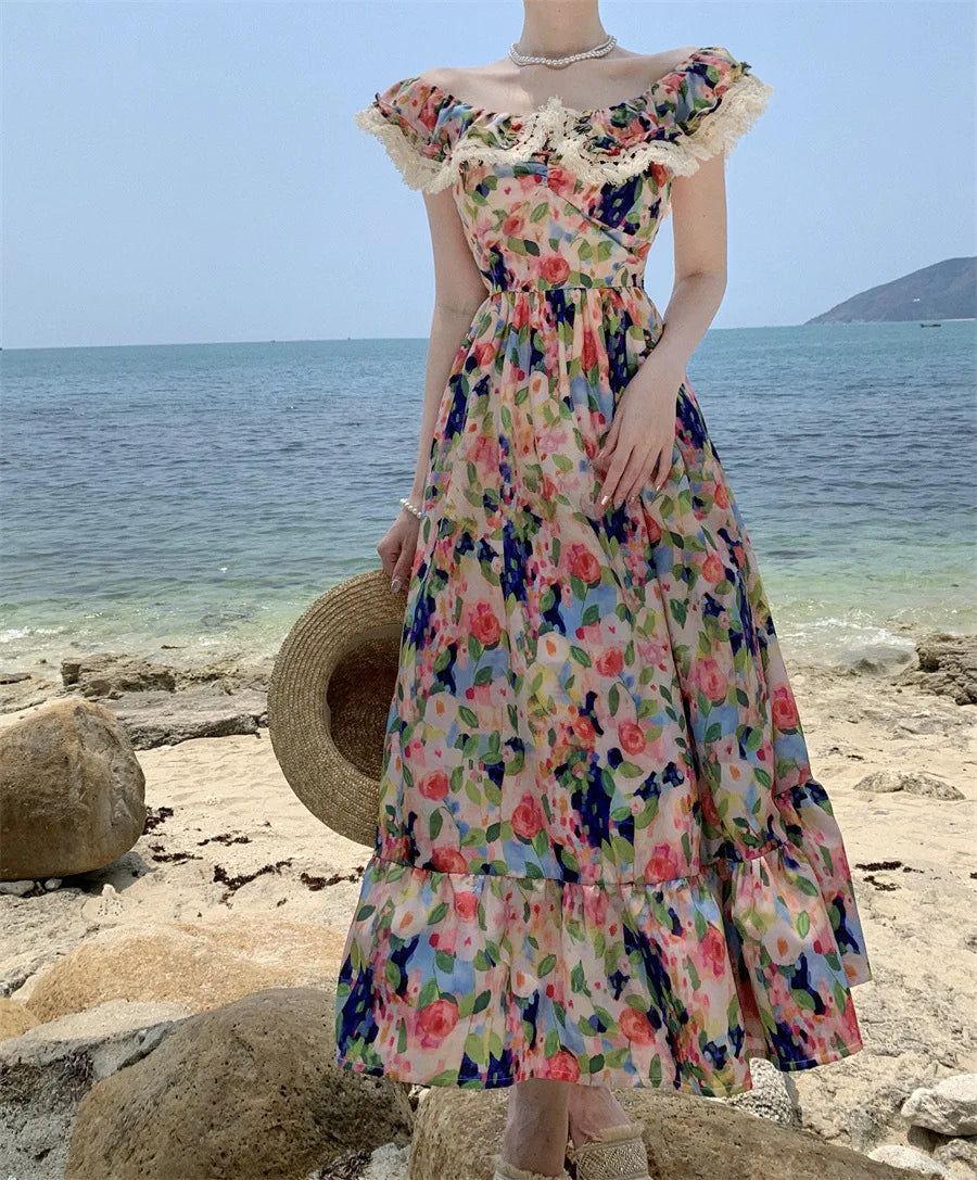 Elegant Dress for Women Print Slash Neck French Style Fashion Dresses Pleated Slim Folds Sweet Vintage New Women's Summer Dress