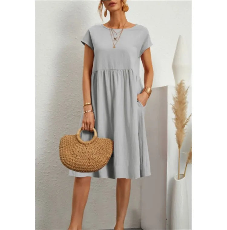 Women's Dresses 2025 Summer Fashion Casual Dresses Women Loose Mid Length Over Knee Dress New Short Sleeve Solid Dress Woman