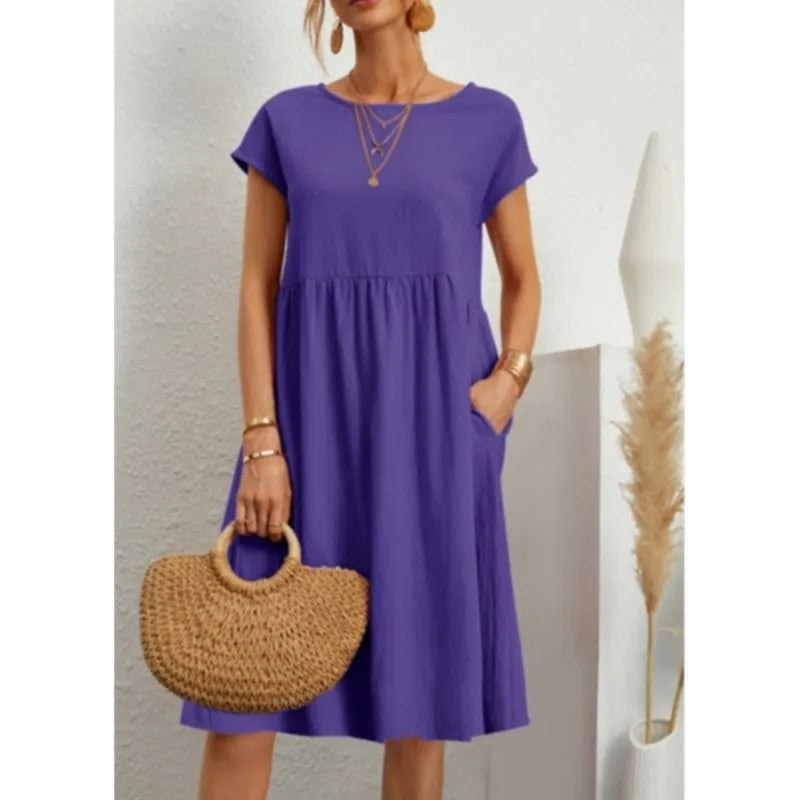 Women's Dresses 2025 Summer Fashion Casual Dresses Women Loose Mid Length Over Knee Dress New Short Sleeve Solid Dress Woman