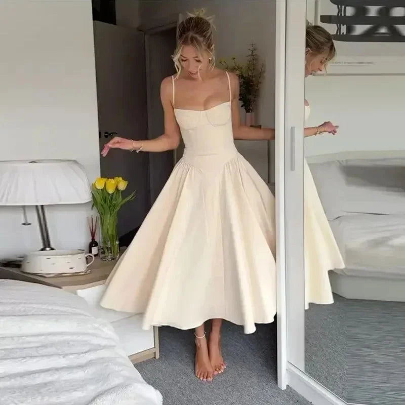 New Suspender Slim Backless Midi Dress Women Elegant Sleeveless Solid Large Hem A Line Dresses Summer Female Party Evening Robes