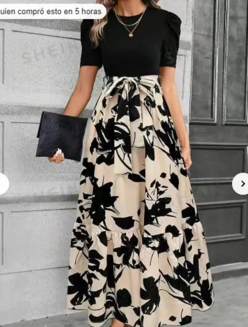 Women's Dresses Spring and Summer Clothing Popular Flower Print Crew Neck Dress Vacation Style Elegant Dress